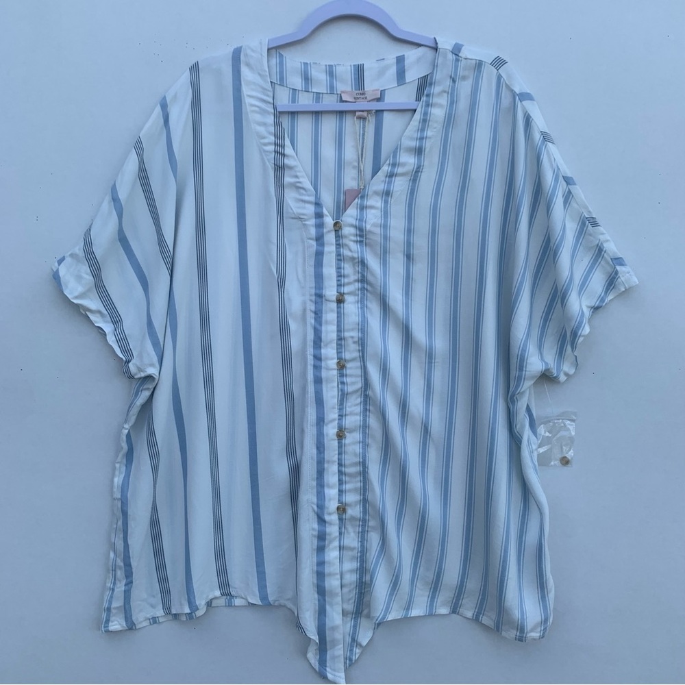 Como Vintage Blue and White Striped Blouse Shirt Womens 2X Button-Down